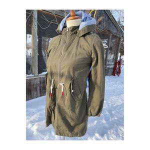 LOGG Olive Green Spring Jacket Prinstripe & Strawberry Lining Sz 9-10 Yrs